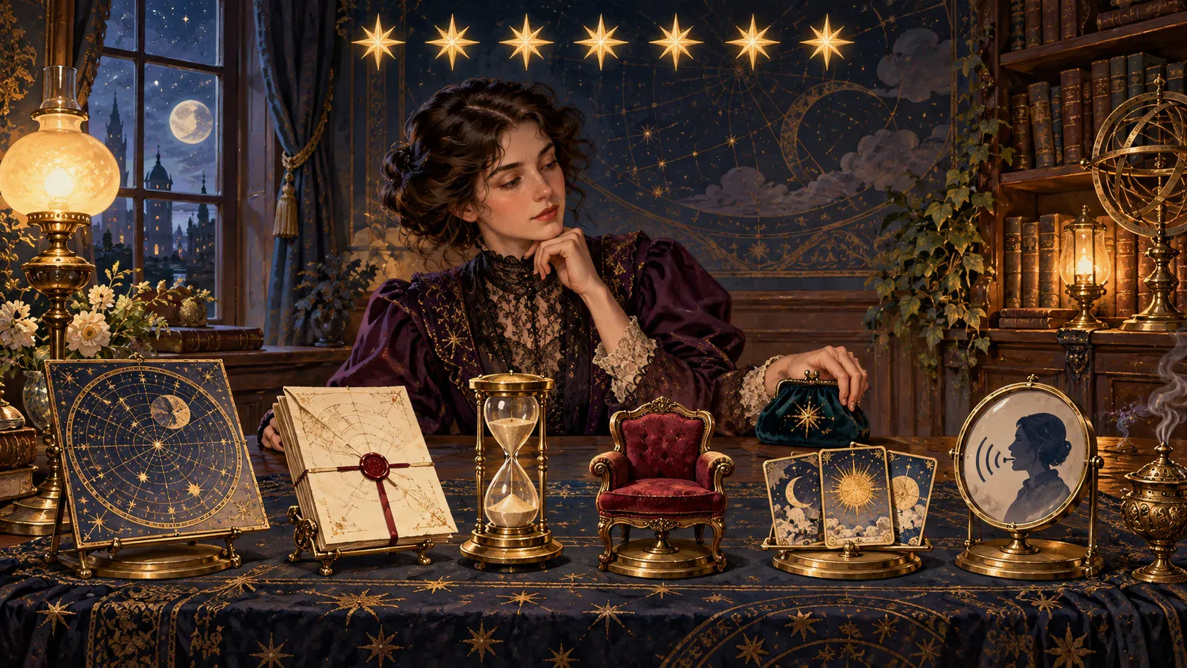 A woman compares several celestial reports beside a chart wheel and an hourglass