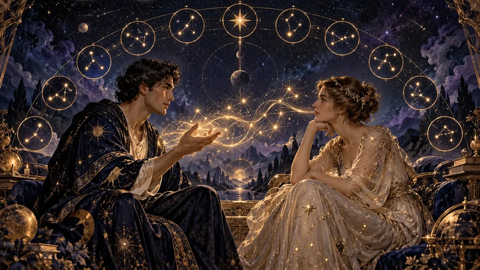 Two figures exchanging a ribbon of golden constellations in a celestial conversation
