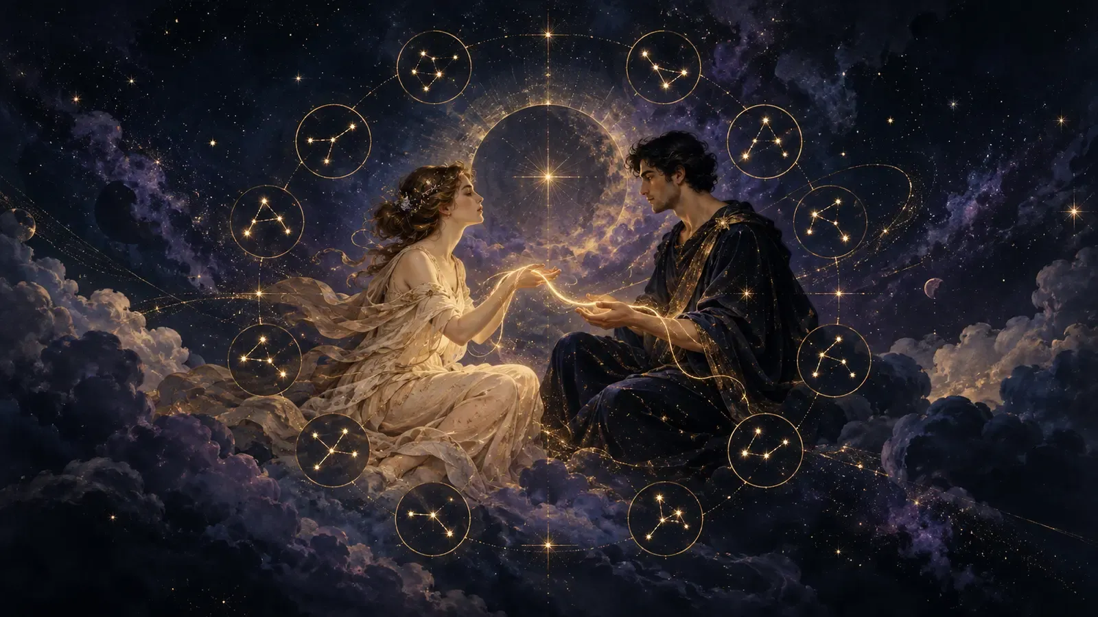 Two figures exchanging a golden thread beneath a circle of twelve constellations