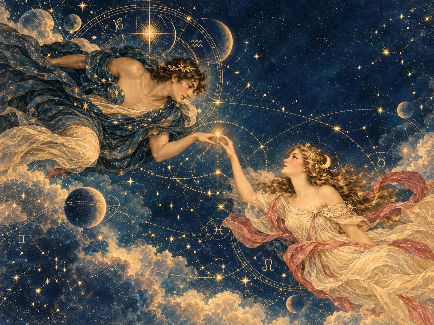 Two celestial figures reaching toward each other beneath zodiac constellations
