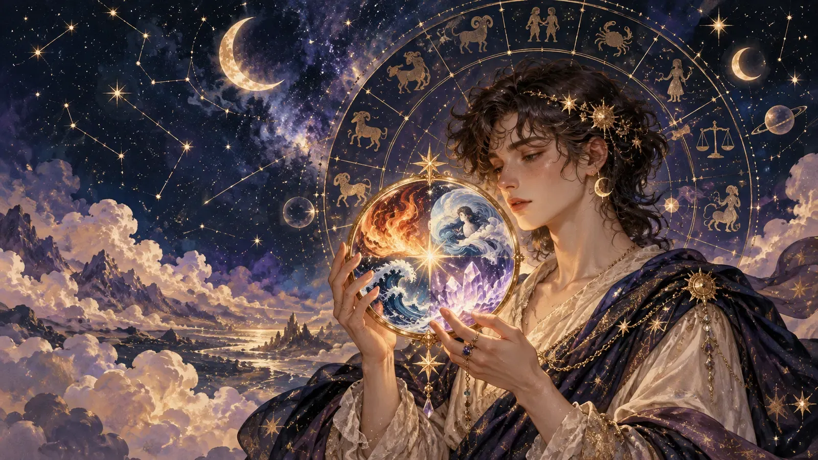 Dreamlike celestial figure holding an orb of fire, water, air and crystal beneath a zodiac sky